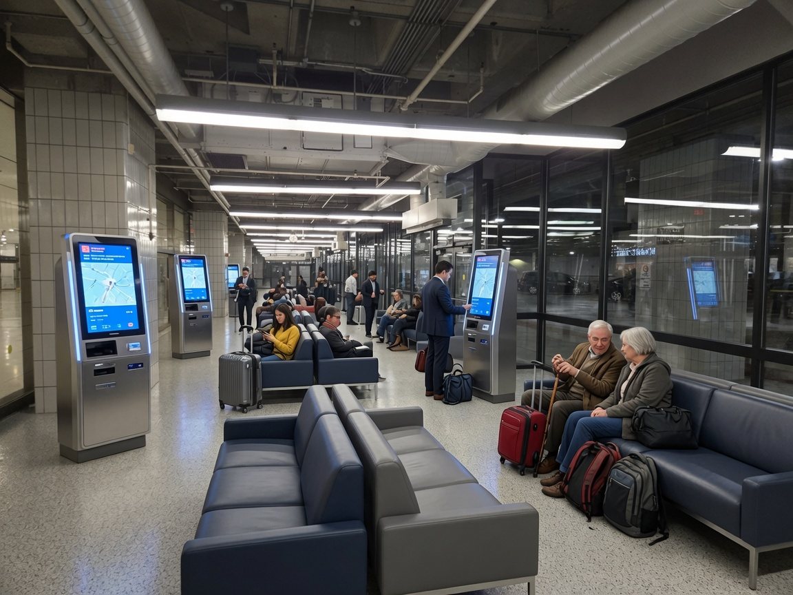 Rendering of a lounge with travelers waiting beside the glass-walled deck