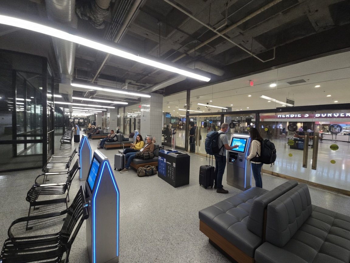Rendering of a modern waiting hall with seating, kiosks and food nearby